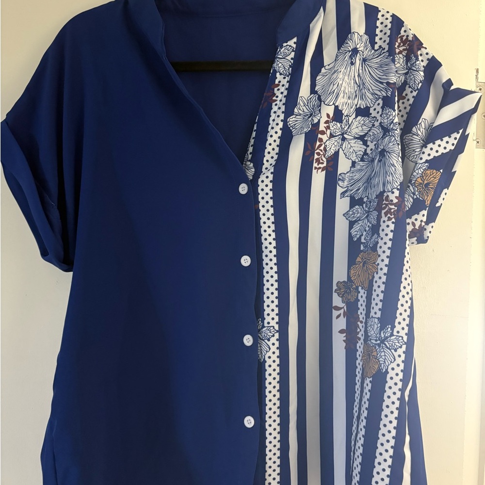 SHEIN Blue Floral Striped Button Down Shirt